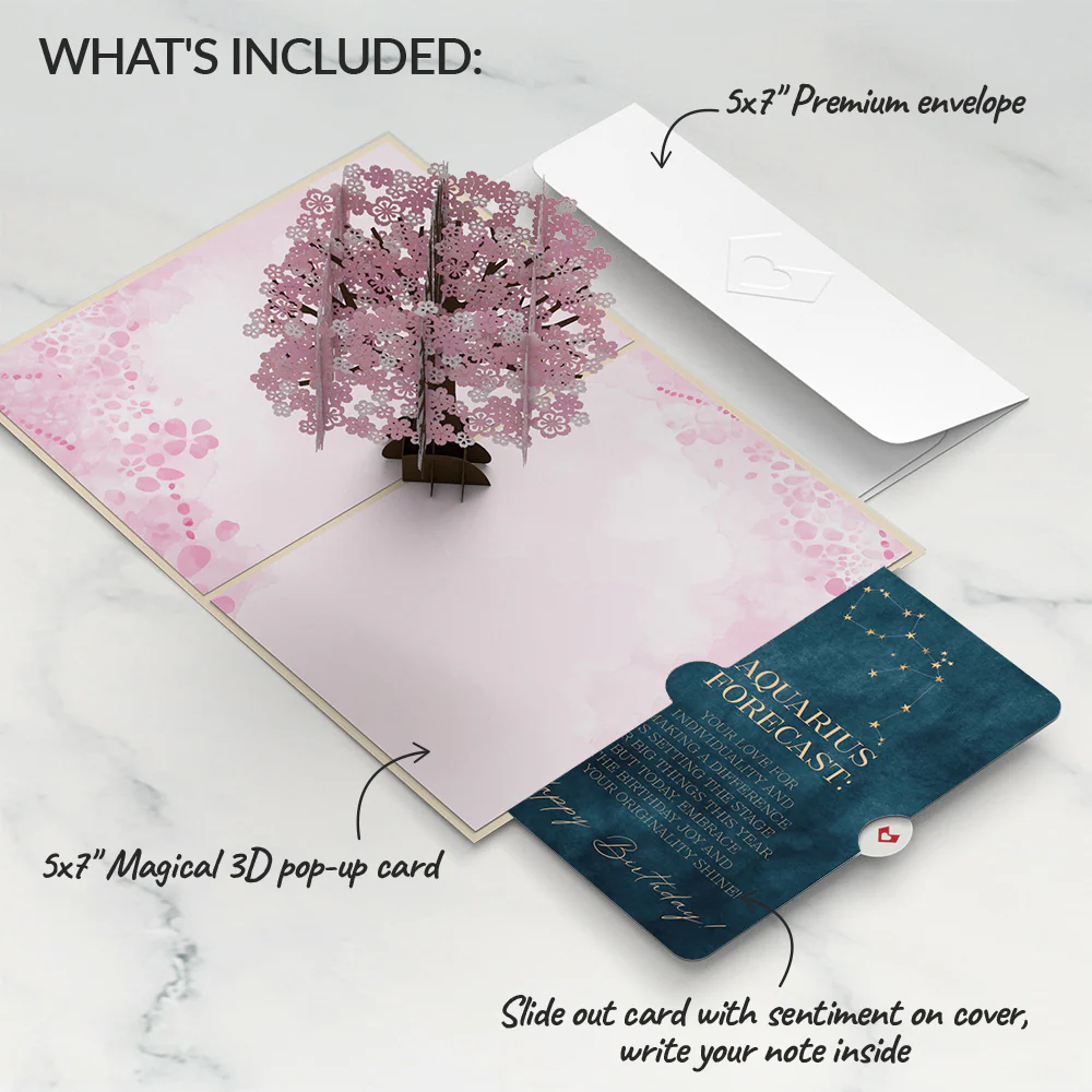 Cherry Blossom Birthday Pop-Up Card and Aquarius Zodiac Sentiment Set - Image 2