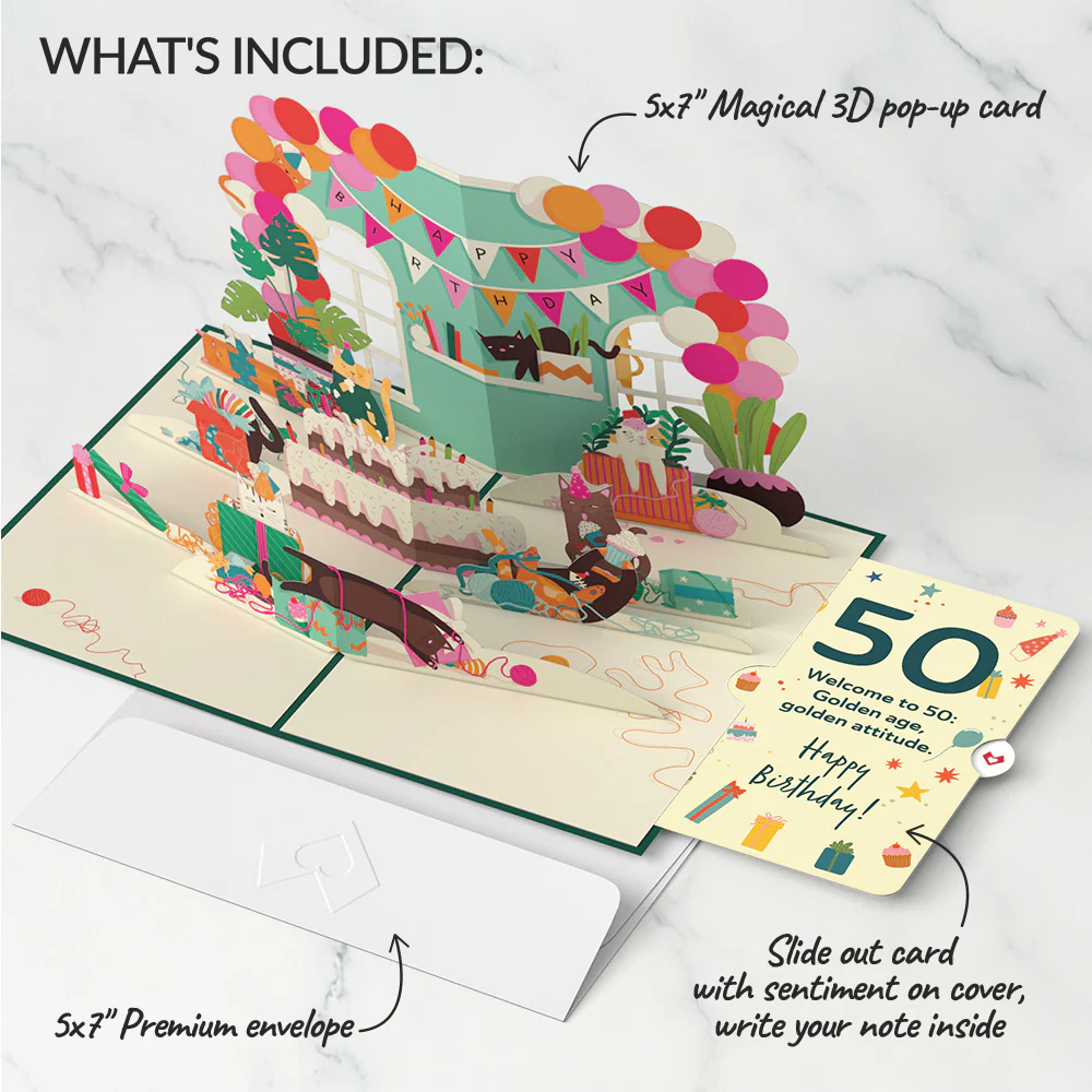 Party Cats 50th Birthday Pop-Up Card and Sentiment Set - Image 2