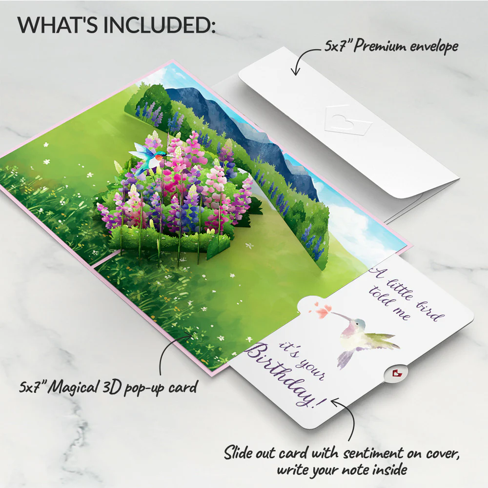Lupine Hummingbird Birthday Pop-Up Card and A Little Hummingbird Kisses Sentiment Set - Image 2