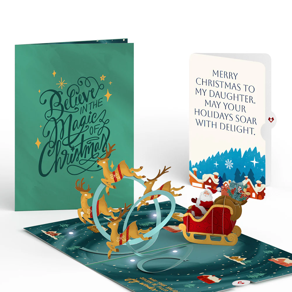 Magic of Christmas Santa's Sleigh Light-Up Pop-Up Card and Snow Village Sentiment Set for Daughter