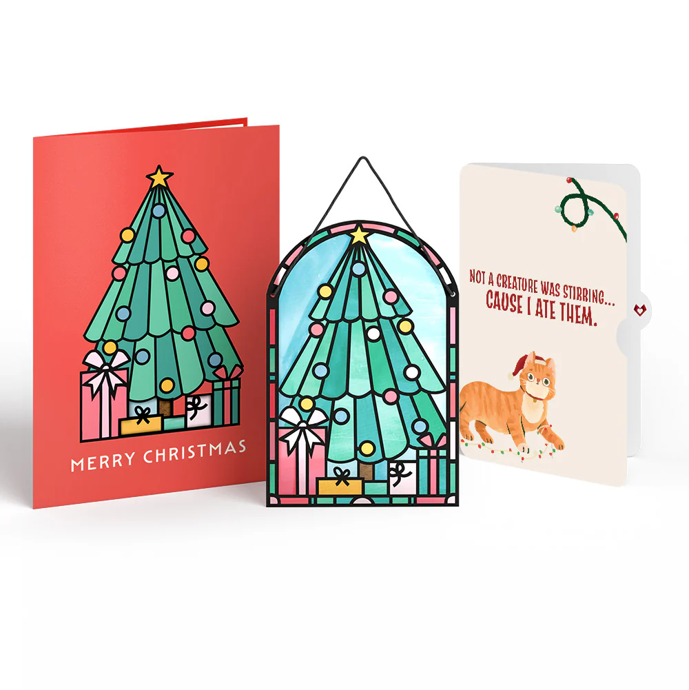 Merry Christmas Tree Suncatcher Card and Hungry Cat Sentiment Set