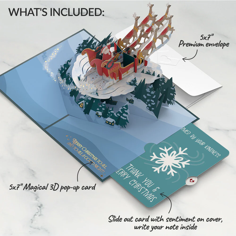 Night Sky Santa Sleigh Christmas Pop-Up Card and Snowflake Kindness Sentiment Set - Image 2