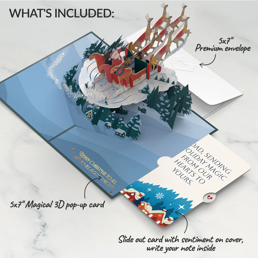 Night Sky Santa Sleigh Christmas Pop-Up Card and Snow Village Sentiment Set for Dad - Image 2