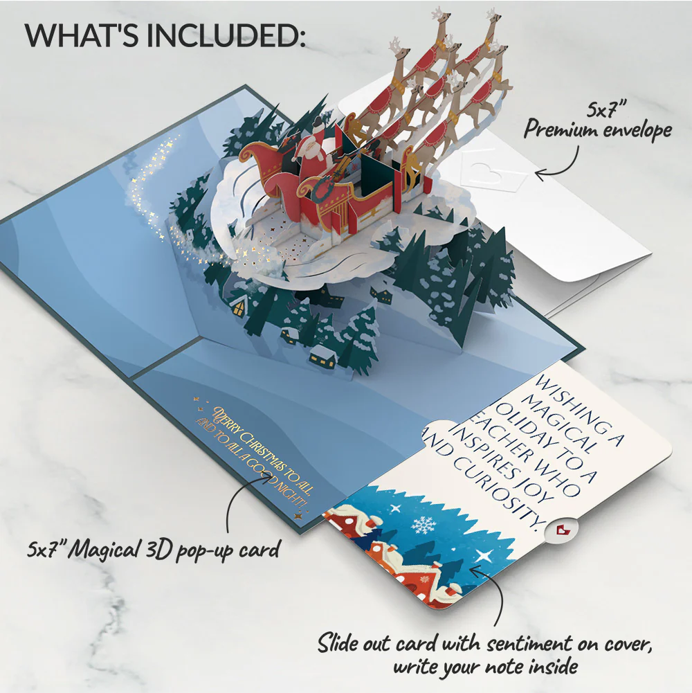 Night Sky Santa Sleigh Christmas Pop-Up Card and Snow Village Sentiment Set for Teacher - Image 2