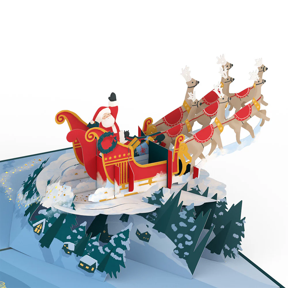 Night Sky Santa Sleigh Christmas Pop-Up Card and Snow Village Sentiment Set for Teacher - Image 3