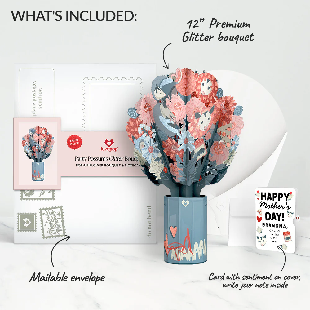 Party Possums Mother’s Day Glitter Bouquet and Sentiment Set for Grandmother - Image 2
