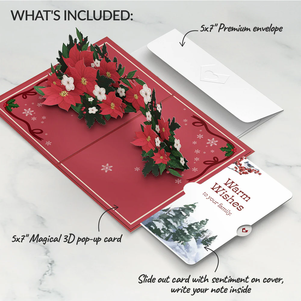 Poinsettia & Pine Winter Pop-Up Card and Warm Wishes Sentiment Set for Family - Image 2