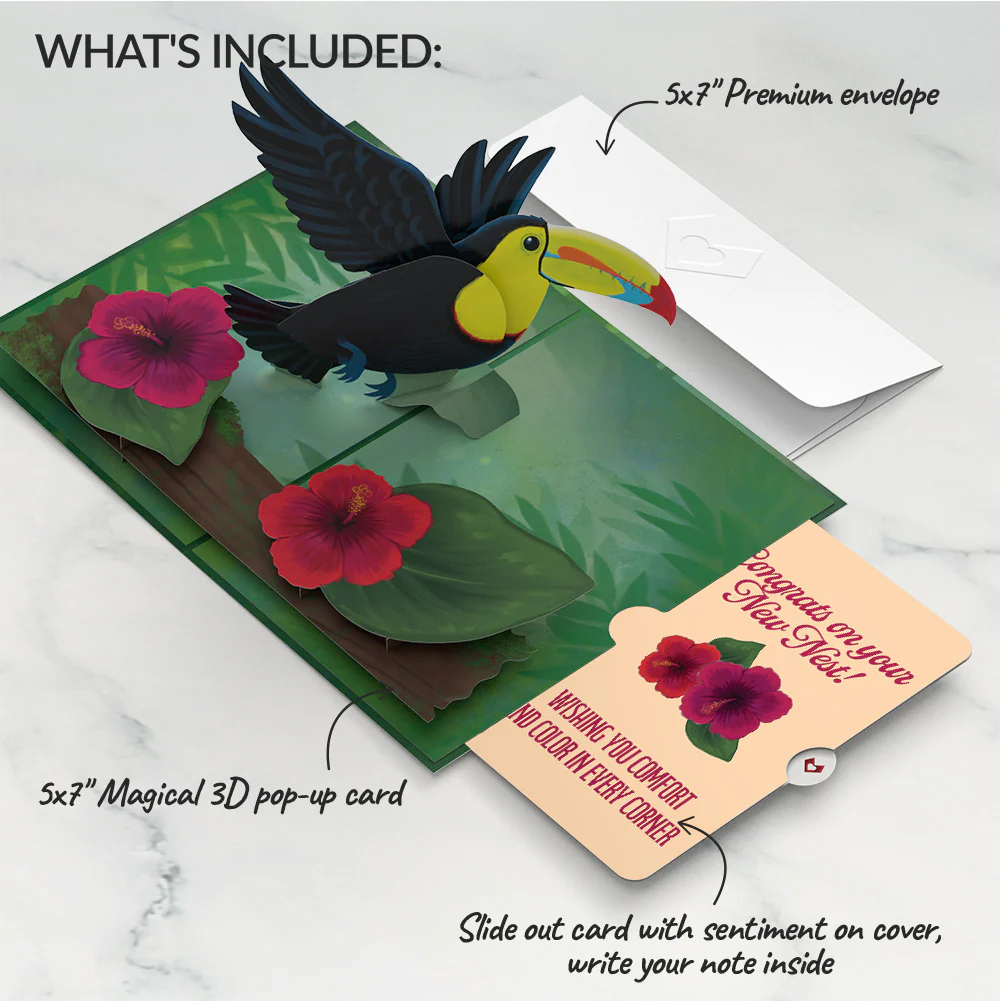 Rainforest Toucan Housewarming Pop-Up Card and Hibiscus Sentiment Set - Image 2