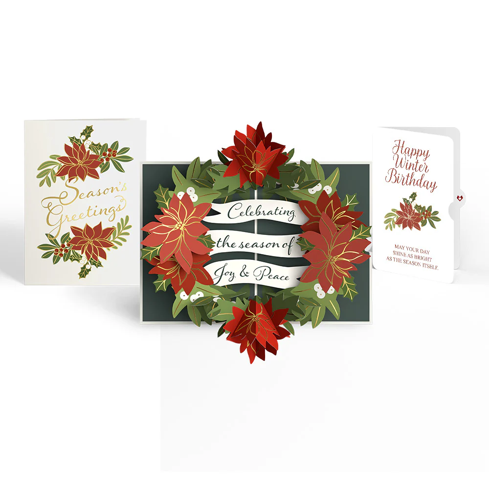 Season's Greetings Poinsettia Wreath Pop-Up Card and Winter Birthday Sentiment Set