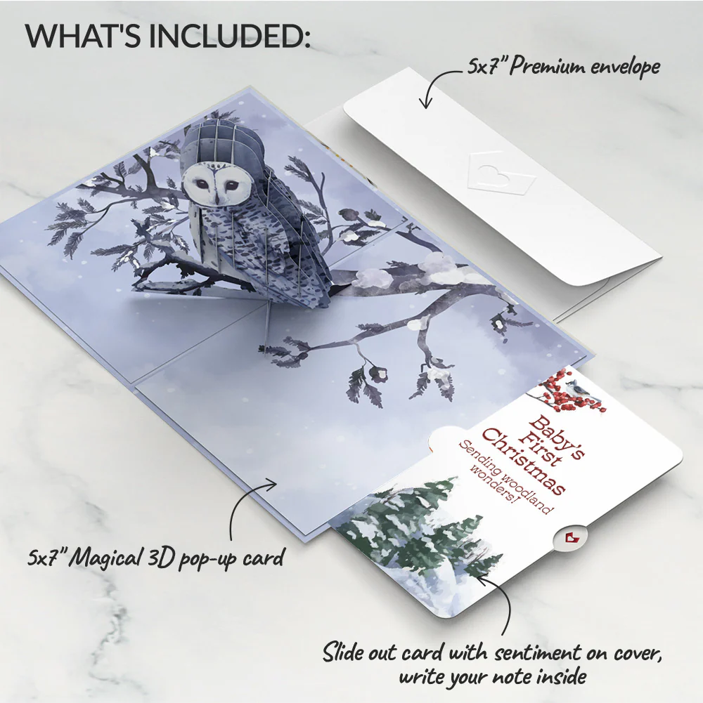 Snowy Owl First Christmas Pop-Up Card and Sentiment Set for Baby - Image 2