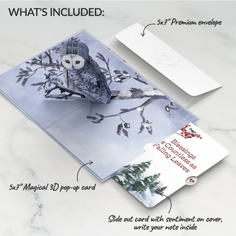 Snowy Owl Winter Pop-Up Card and Countless Blessings Sentiment Set - Image 2