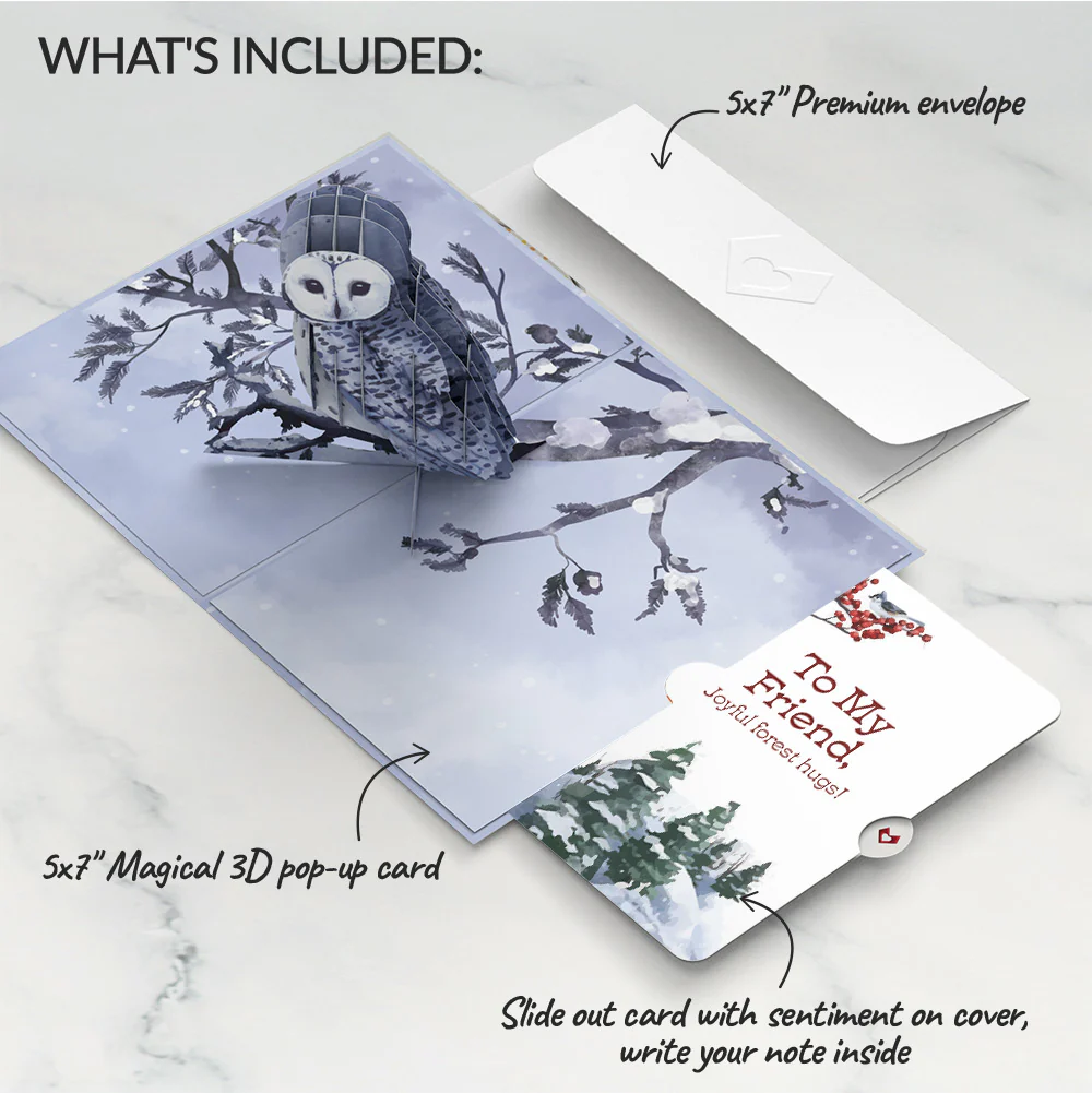 Snowy Owl Winter Pop-Up Card and Sentiment Set for Friend - Image 2