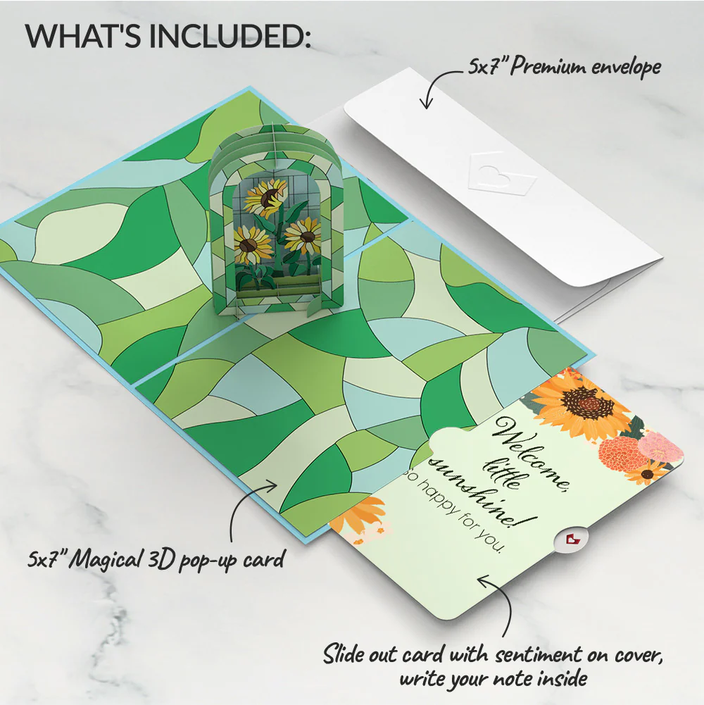 Stained Glass Sunflowers New Baby Pop-Up Card and Sentiment Set - Image 2