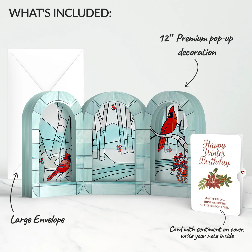 Stained Glass Winter Cardinal Pop-Up Gift and Poinsettia Birthday Sentiment Set - Image 2