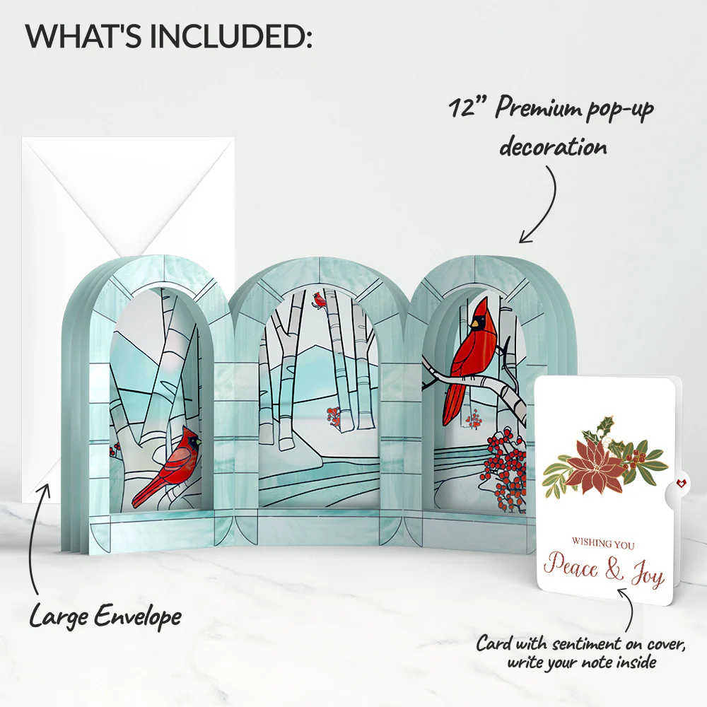 Stained Glass Winter Cardinal Pop-Up Gift and Poinsettia Peace & Joy Christmas Sentiment Set - Image 2