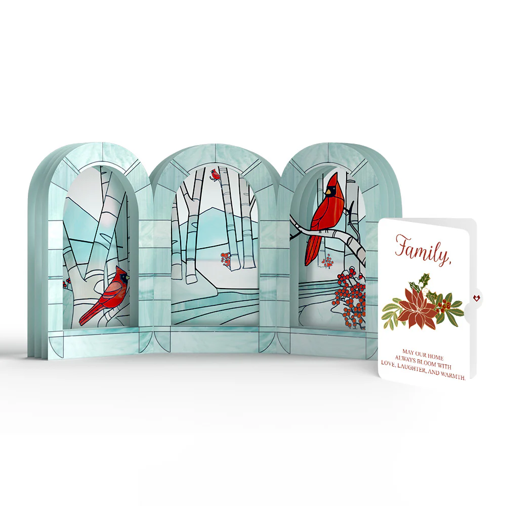 Stained Glass Winter Cardinal Pop-Up Gift and Poinsettia Blooming Love Christmas Sentiment Set for Family
