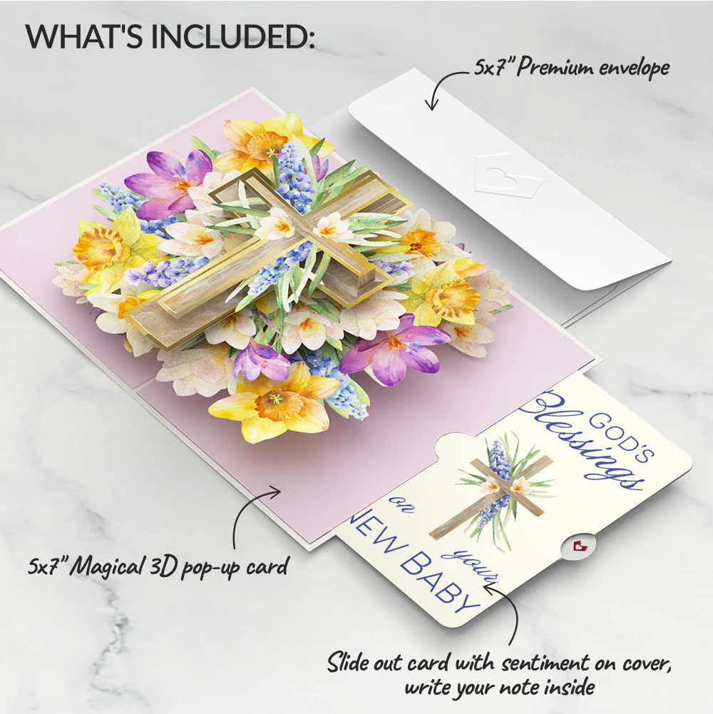 The Lord Bless You Floral Cross New Baby Pop-Up Card and Sentiment Set for Parents - Image 2