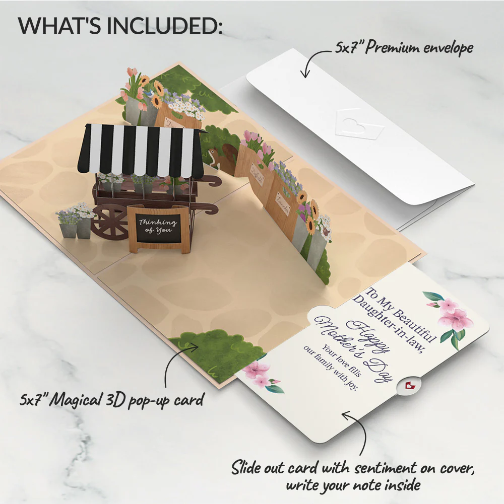 Thinking of You Flower Cart Mother's Day Pop-Up Card and Sentiment Set for Daughter-in-law - Image 2
