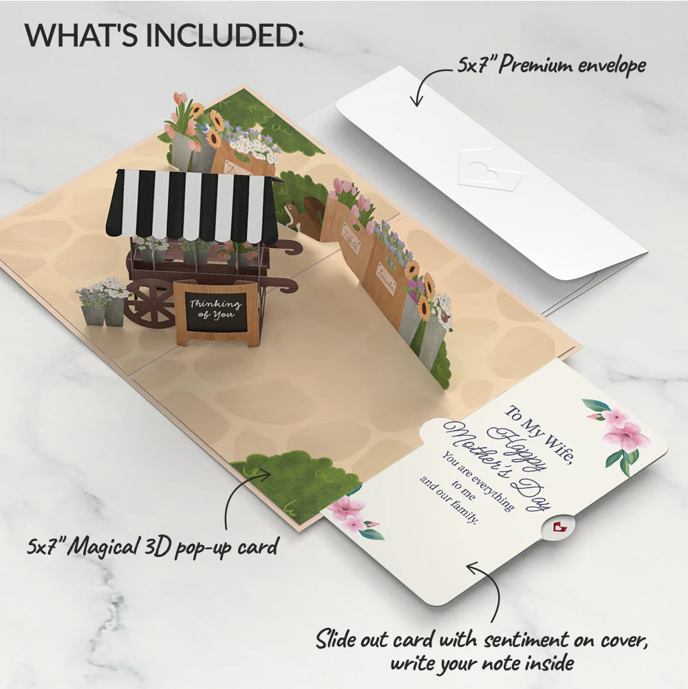 Thinking of You Flower Cart Mother's Day Pop-Up Card and Sentiment Set for Wife - Image 2