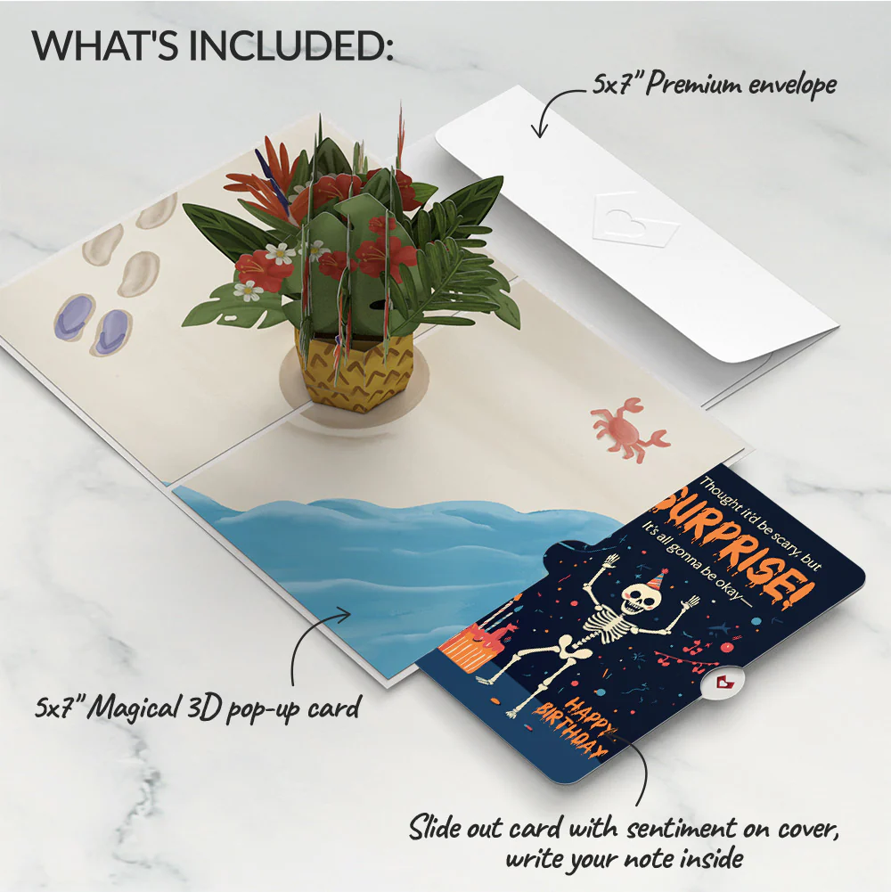 Tropical Flower Basket Birthday Pop-Up Card and Surprise Skeleton Sentiment Set - Image 2