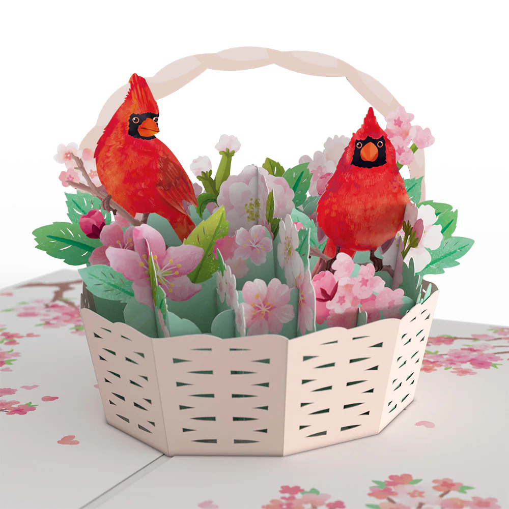 Valentine's Cherry Blossom Basket with Cardinals Pop-Up Card and Sentiment Set for Daughter - Image 3