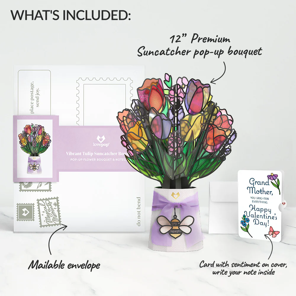 Vibrant Tulip Valentine Suncatcher Bouquet and Sentiment Set for Grandmother - Image 2