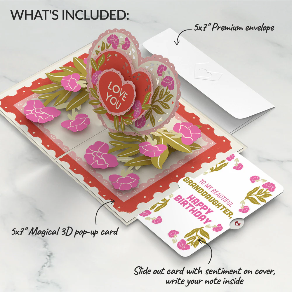 Vintage Floral Love You Heart Birthday Pop-Up Card and Sentiment Set for Granddaughter - Image 2