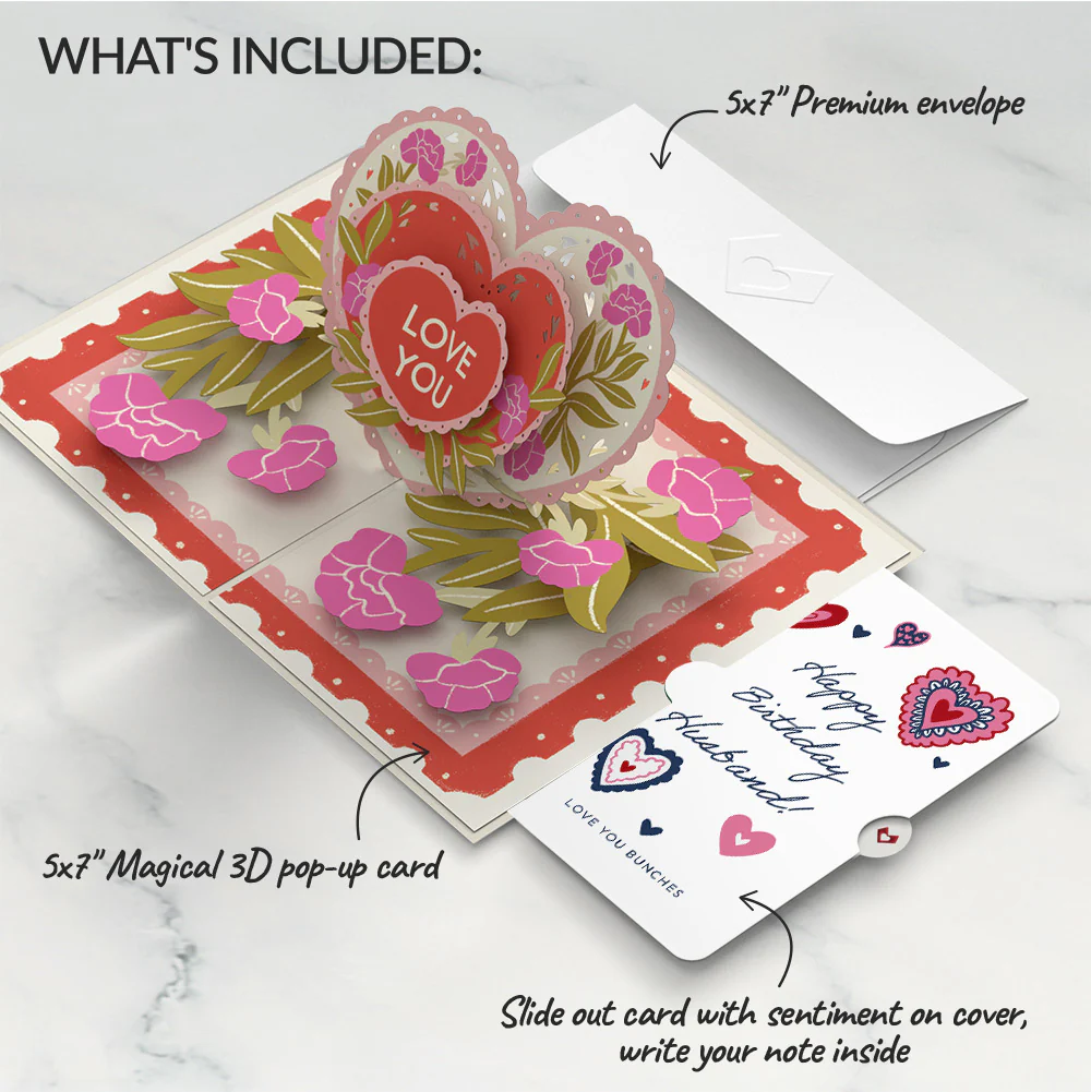 Vintage Floral Love You Heart Birthday Pop-Up Card and Sentiment Set for Husband - Image 2