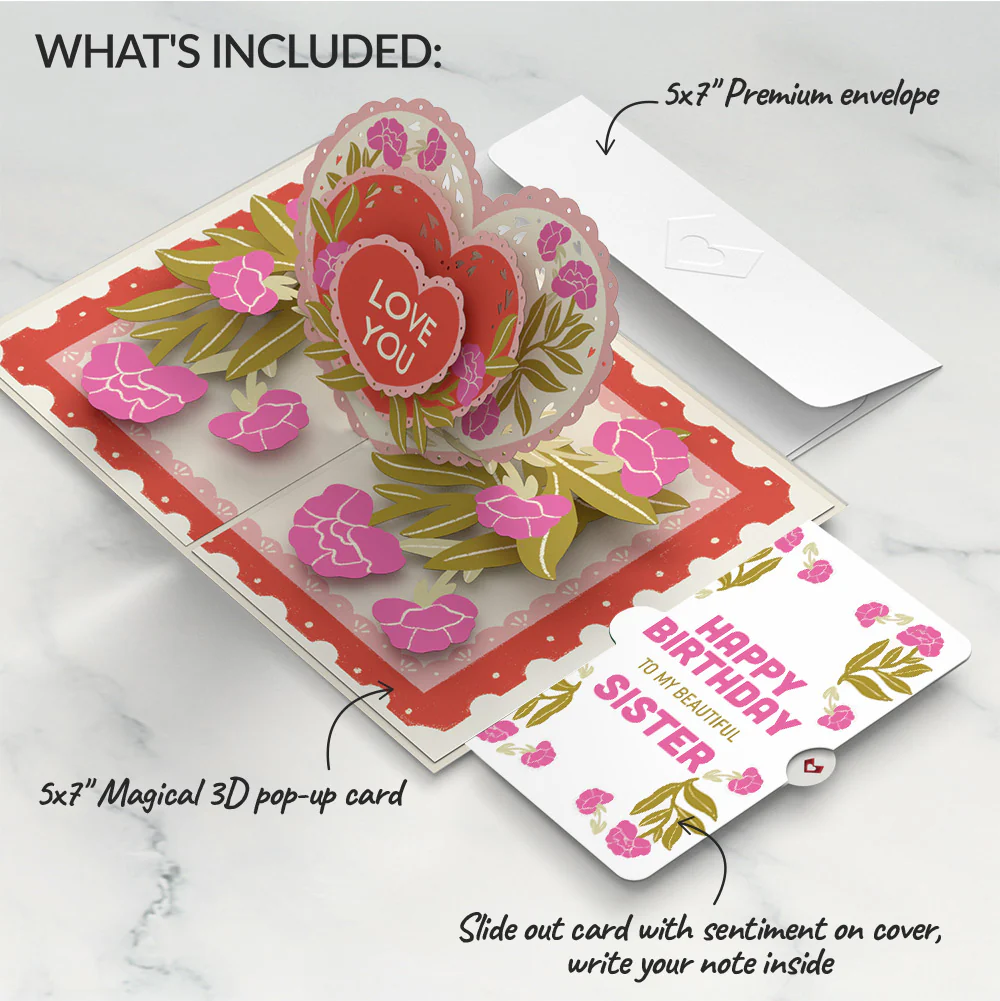 Vintage Floral Love You Heart Birthday Pop-Up Card and Sentiment Set for Sister - Image 2