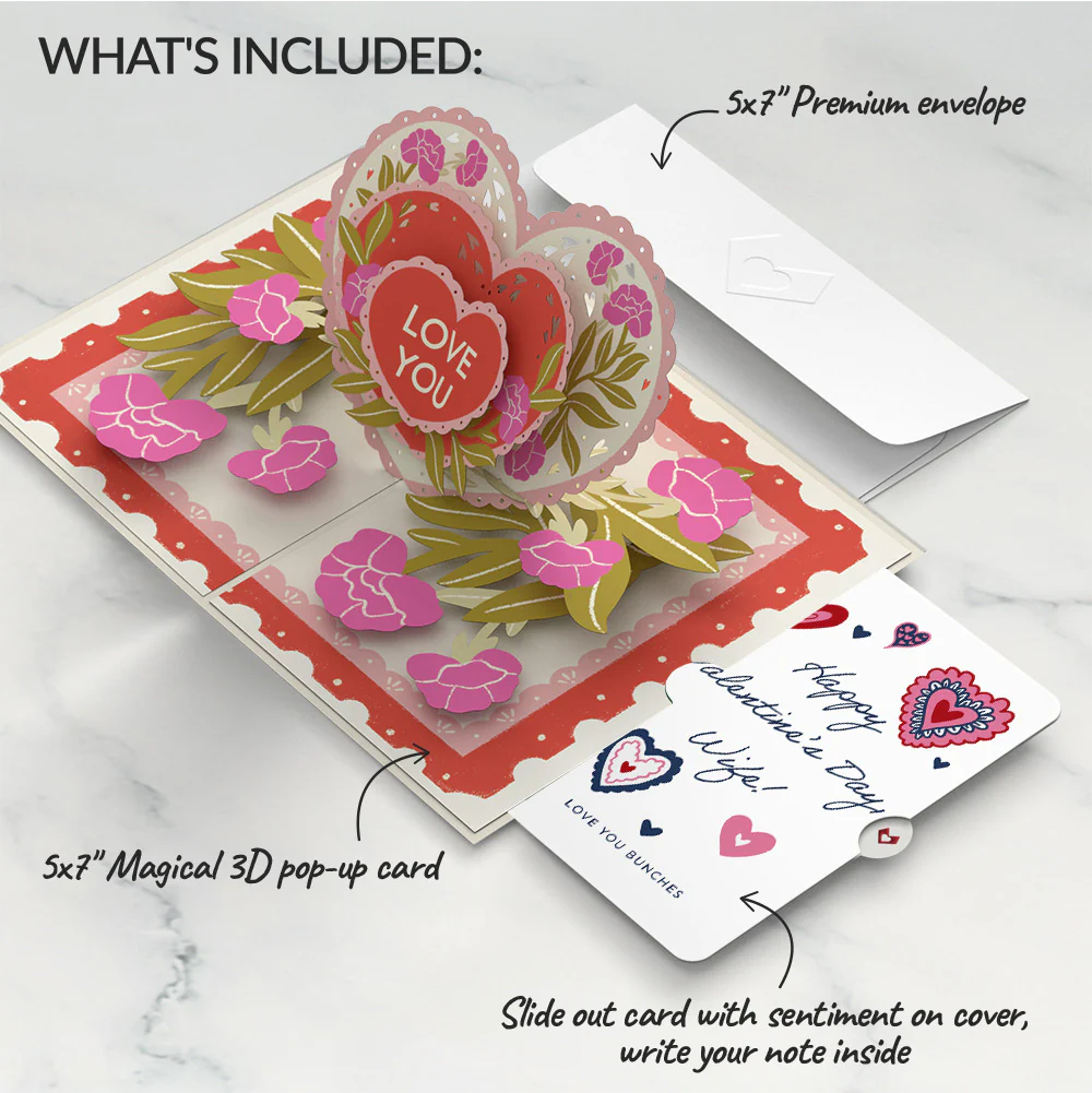 Vintage Floral Love You Heart Valentine Pop-Up Card and Sentiment Set for Wife - Image 2