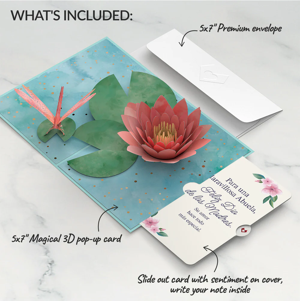 Water Lily Dragonfly Mother's Day Pop-Up Card and Sentiment Set for Spanish Grandmother - Image 2
