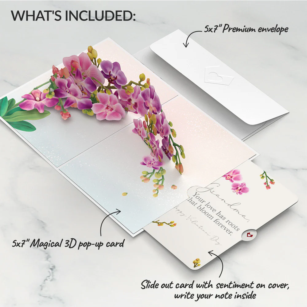 Watercolor Orchid Valentine Pop-Up Card and Sentiment Set for Grandmother - Image 2