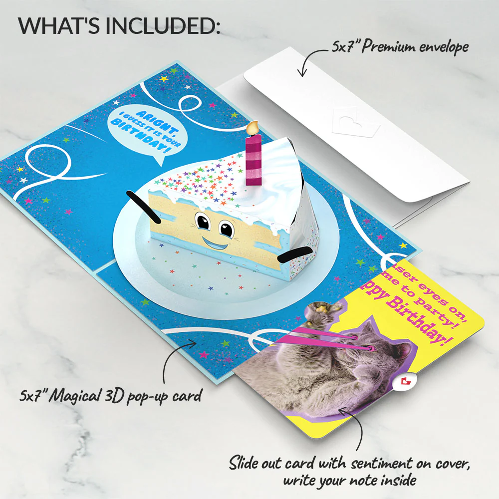 Whimsical Birthday Cake Slice with Cat Laser Eyes Pop-Up Card and Sentiment Set - Image 2