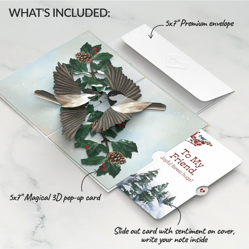 Winter Chickadees Pop-Up Card and Sentiment Set for Friend - Image 2