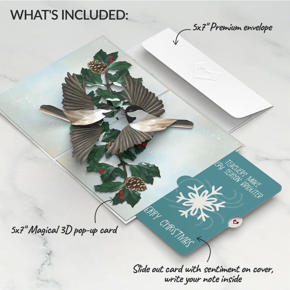 Winter Chickadees Pop-Up Card and Snowflake Christmas Sentiment Set for Teacher - Image 2