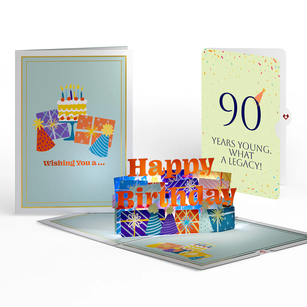 Wishing You a Happy 90th Birthday Music and Lights Pop-Up Card and Party Hat Sentiment Set