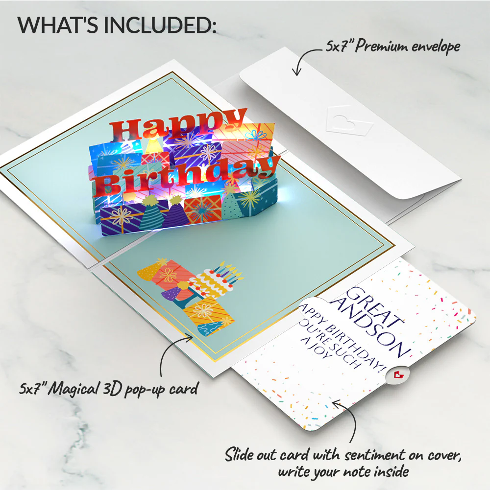Wishing You a Happy Birthday Music and Lights Pop-Up Card and Sentiment Set for Great Grandson - Image 2