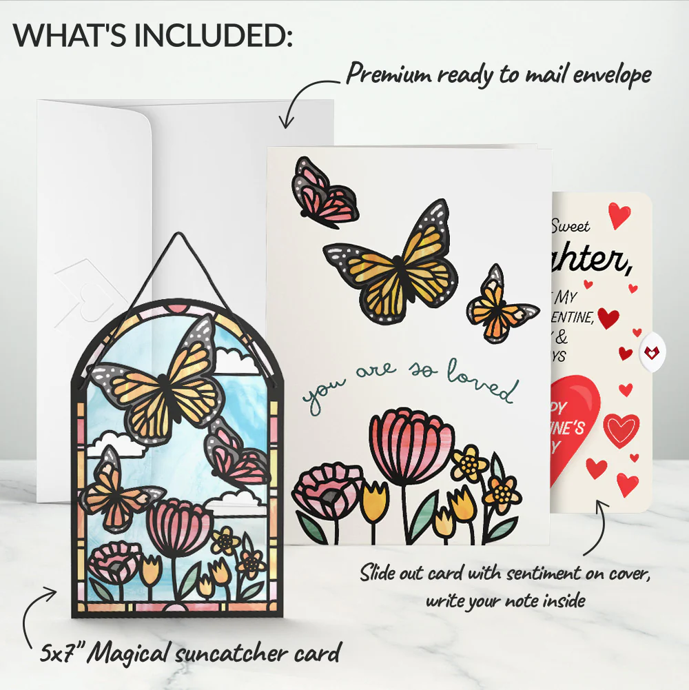 You Are So Loved Butterflies Suncatcher Card and Full of Hearts Valentine Sentiment Card for Daughter - Image 2